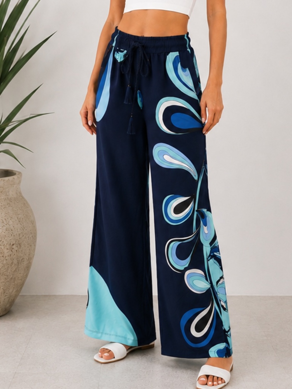 David Meister Flowy Wide Leg Pants Navy Abstract Print Pull On NWOT Size M